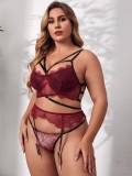Sexy Plus Size Women Burgundy Lace Bikini Lingerie Set