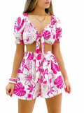Women Clothes Lace Up Short Summer Sleeve Print Suit Shorts V-Neck Top Two Piece Set