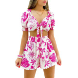 Women Clothes Lace Up Short Summer Sleeve Print Suit Shorts V-Neck Top Two Piece Set
