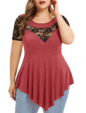 Womens Plus Size Floral Lace Short Sleeve Irregular See-Through Round Neck Women's Top