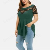 Womens Plus Size Floral Lace Short Sleeve Irregular See-Through Round Neck Women's Top