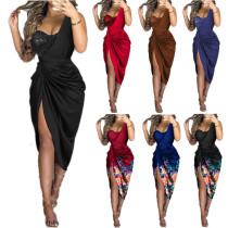 Women's Solid Sexy Sequin Slit Maxi Pleated One-Shoulder Evening Dress Women's Solid Sexy Sequin Slit Maxi Pleated One-Shoulder Evening Dress