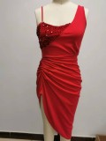 Women's Solid Sexy Sequin Slit Maxi Pleated One-Shoulder Evening Dress