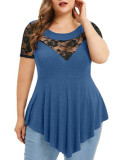 Womens Plus Size Floral Lace Short Sleeve Irregular See-Through Round Neck Women's Top