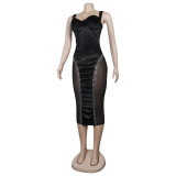 Sexy Slim Strap Wrap Chest See-Through Beaded Dress Nightclub