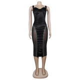 Sexy Slim Strap Wrap Chest See-Through Beaded Dress Nightclub