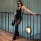 Women's Solid Color Halter Neck Sexy V-Neck Mesh Patchwork Tight Fitting Jumpsuit