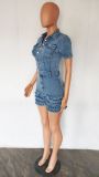 Women Short Sleeve ruffles Fringe Denim Jumpsuit