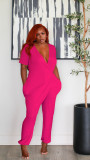 Women Solid V-Neck Short Sleeve Jumpsuit