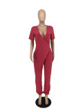 Women Solid V-Neck Short Sleeve Jumpsuit