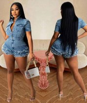 Women Short Sleeve ruffles Fringe Denim Jumpsuit