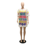 Women Casual Print Letter Velvet Sequin Dress