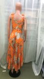 Women V-neck Sleeveless Print Belted Dress
