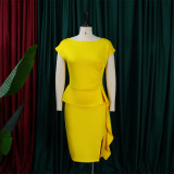 Women Summer Solid Pleated Ruffle Slit Bodycon Dress