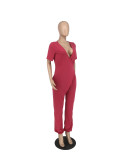 Women Solid V-Neck Short Sleeve Jumpsuit
