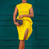 Women Summer Solid Pleated Ruffle Slit Bodycon Dress