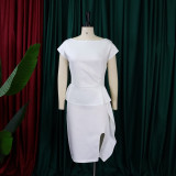 Women Summer Solid Pleated Ruffle Slit Bodycon Dress