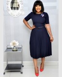 Plus Size Women Summer African Mom Short Sleeve Round Neck Solid Pleated Dress