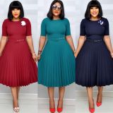 Plus Size Women Summer African Mom Short Sleeve Round Neck Solid Pleated Dress