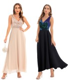 Women clothes Sexy Sequin Striped V-Neck Embroidered Formal Party Long Dress