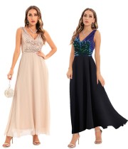 Women clothes Sexy Sequin Striped V-Neck Embroidered Formal Party Long Dress Women clothes Sexy Sequin Striped V-Neck Embroidered Formal Party Long Dress
