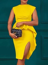 Women Summer Solid Pleated Ruffle Slit Bodycon Dress Women Summer Solid Pleated Ruffle Slit Bodycon Dress