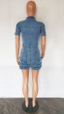 Women Short Sleeve ruffles Fringe Denim Jumpsuit