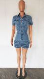 Women Short Sleeve ruffles Fringe Denim Jumpsuit