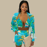 Women Clothes Sexy Summer Print Bra Long Sleeve Shirt Shorts Three-Piece Set