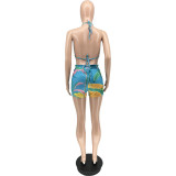 Women Clothes Sexy Summer Print Bra Long Sleeve Shirt Shorts Three-Piece Set