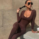 Sexy Women Clothes Summer Solid Color Low Cut Plunging U Neck Long Sleeve Slim Fitted Jumpsuit