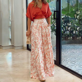 Women Clothes V-Neck Cropped Shirt Top Print Career Wide Leg Pants Two Piece Set