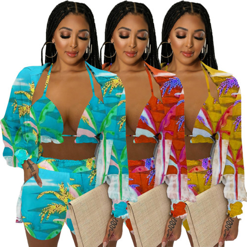 Women Clothes Sexy Summer Print Bra Long Sleeve Shirt Shorts Three-Piece Set