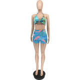 Women Clothes Sexy Summer Print Bra Long Sleeve Shirt Shorts Three-Piece Set