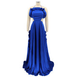 Sleeveless Halter Neck Ruffle Dress Sexy Solid Low Back Maxi Dress