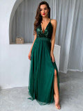Women Clothes Summer Solid Sexy Strap Sequins Backless Slit Evening Dress