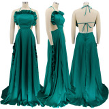 Sleeveless Halter Neck Ruffle Dress Sexy Solid Low Back Maxi Dress