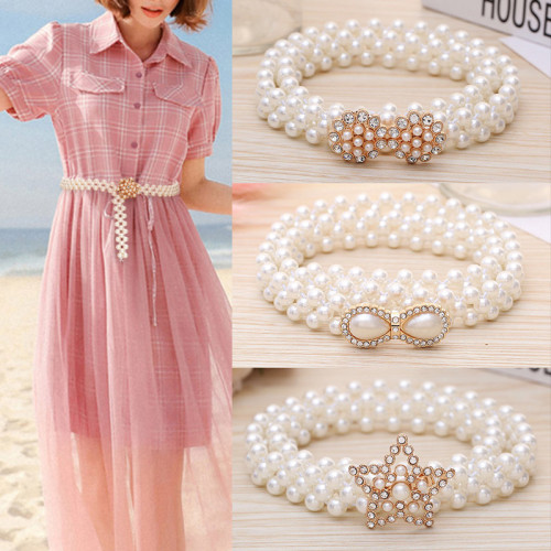 Pearl Belt Ladies Fashion Decorated Rhinestone Elastic Belt Chic Thin Belt(MOQ 2)