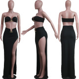 Women Clothes Casual Fashion Sexy Strapless Wrap Breast Irregular Skirt Two Piece Set Beachwear