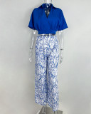 Women Clothes V-Neck Cropped Shirt Top Print Career Wide Leg Pants Two Piece Set