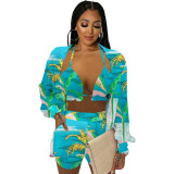 Women Clothes Sexy Summer Print Bra Long Sleeve Shirt Shorts Three-Piece Set