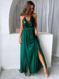 Women Clothes Summer Solid Sexy Strap Sequins Backless Slit Evening Dress