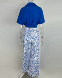 Women Clothes V-Neck Cropped Shirt Top Print Career Wide Leg Pants Two Piece Set