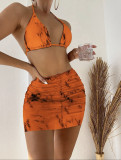Marble print mesh Three-Piece skirt swimsuit bikini