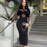 Women's Round Neck Mesh Patchwork Long Sleeve Maxi Tight Fitting Dress