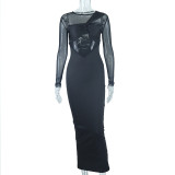 Women's Round Neck Mesh Patchwork Long Sleeve Maxi Tight Fitting Dress