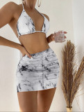 Marble print mesh Three-Piece skirt swimsuit bikini