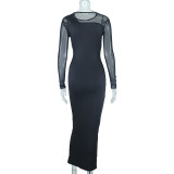 Women's Round Neck Mesh Patchwork Long Sleeve Maxi Tight Fitting Dress