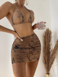 Marble print mesh Three-Piece skirt swimsuit bikini
