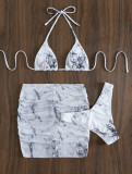 Marble print mesh Three-Piece skirt swimsuit bikini